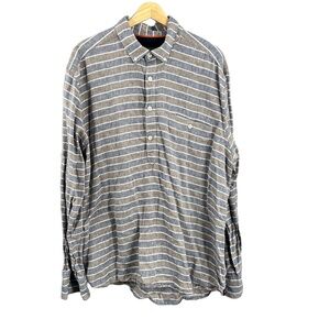 True Measure J.L. Powell Linen Shirt‎ Blue Brown Striped  Roll Tab Sleeve XL Men